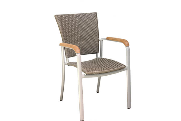 Outdoor wicker dining chairs with teak