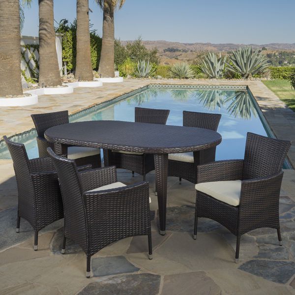Outdoor 7-piece Oval Wicker Patio Dining Set with Cushions