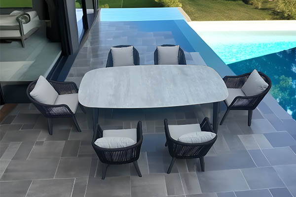 Grand resort patio furniture manufacturer|Outdoor ceramic glass dining table and chairs